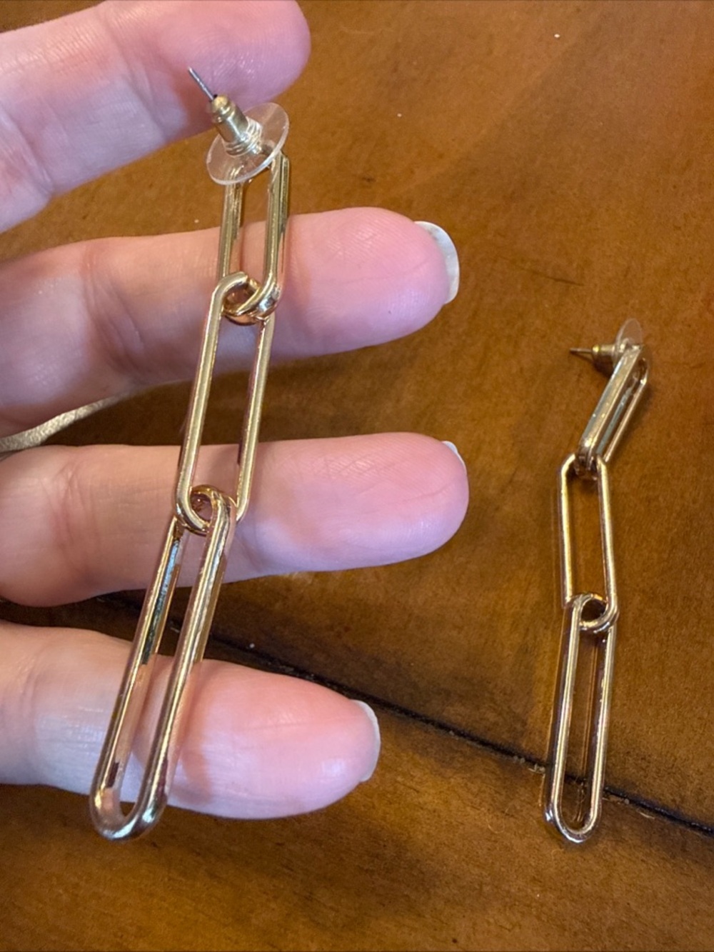 Gold Tone Paperclip Style 3 Link Post Earrings - Picture 4 of 5
